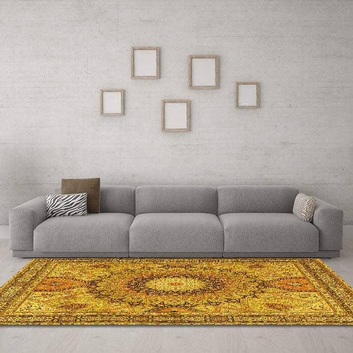 Machine Washable Medallion Yellow Traditional Rug in a Living Room, wshtr4629yw