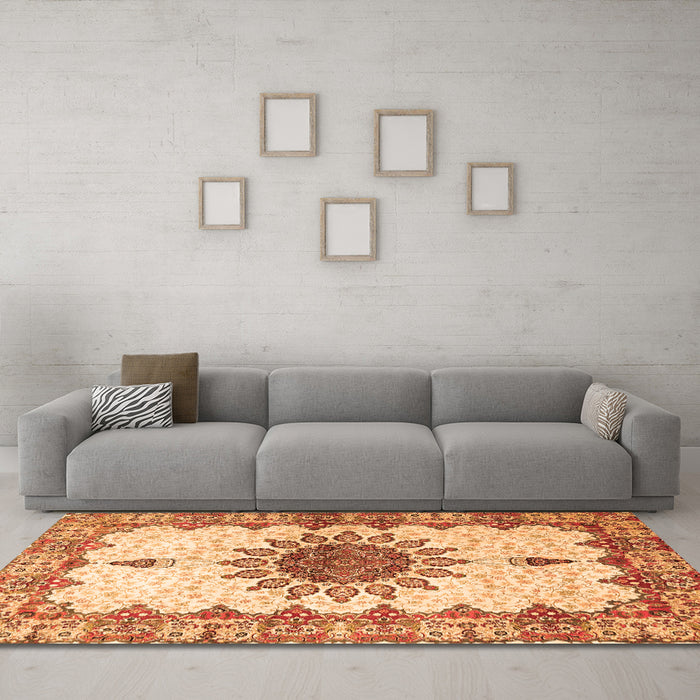 Machine Washable Medallion Orange Traditional Area Rugs in a Living Room, wshtr4631org