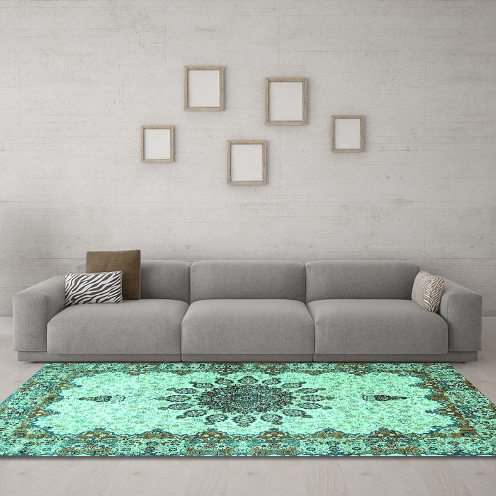 Machine Washable Medallion Turquoise Traditional Area Rugs in a Living Room,, wshtr4631turq