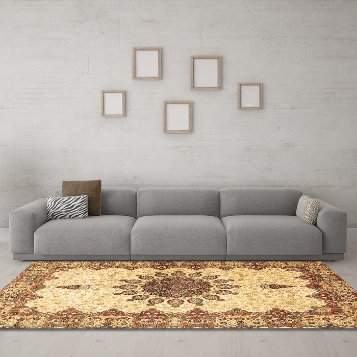 Machine Washable Medallion Brown Traditional Rug in a Living Room,, wshtr4631brn