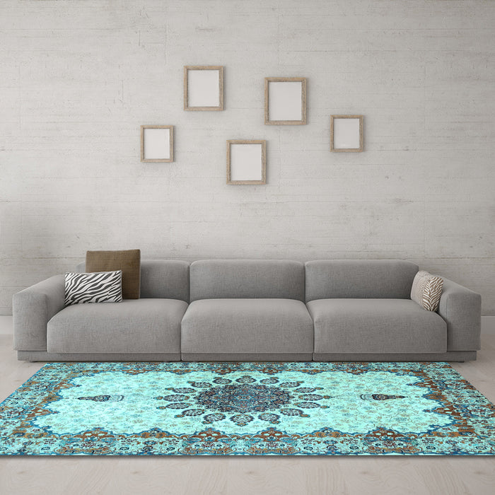 Machine Washable Medallion Light Blue Traditional Rug in a Living Room, wshtr4631lblu