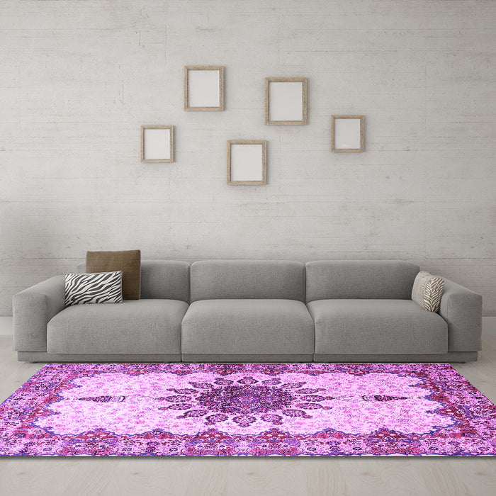 Machine Washable Medallion Purple Traditional Area Rugs in a Living Room, wshtr4631pur