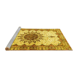 Sideview of Machine Washable Medallion Yellow Traditional Rug, wshtr4631yw