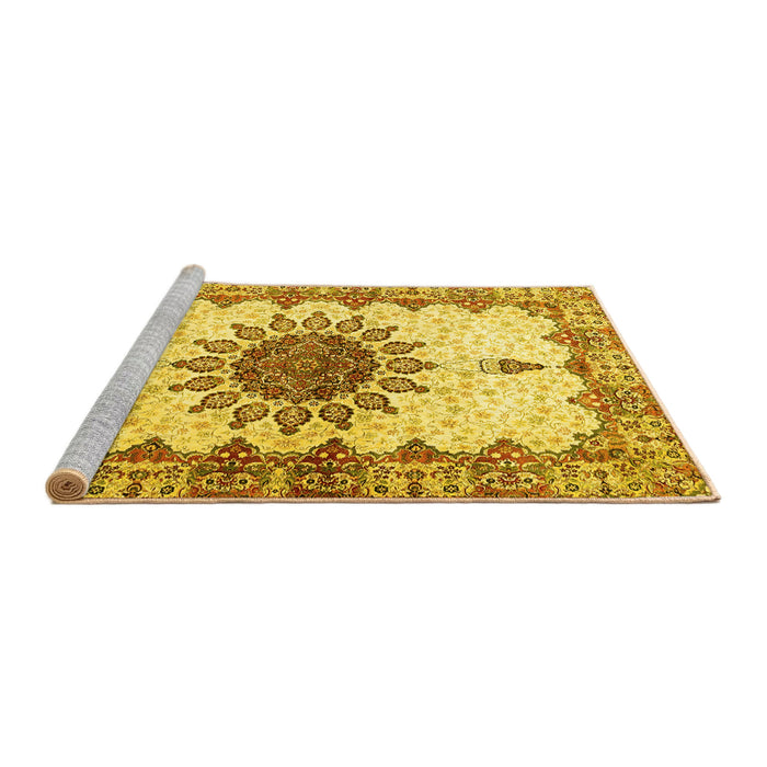 Sideview of Machine Washable Medallion Yellow Traditional Rug, wshtr4631yw