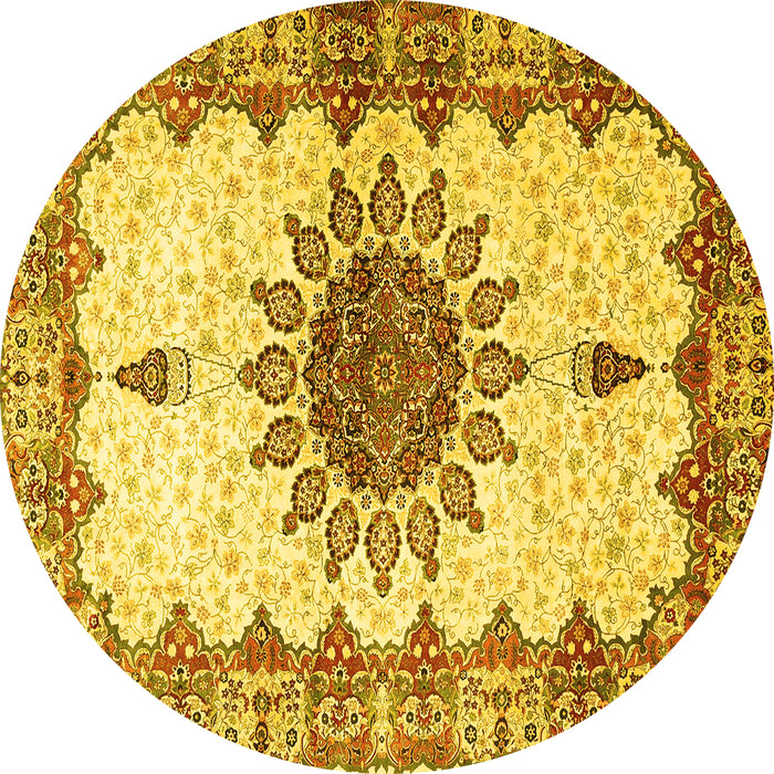 Round Machine Washable Medallion Yellow Traditional Rug, wshtr4631yw