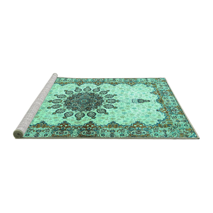 Sideview of Machine Washable Medallion Turquoise Traditional Area Rugs, wshtr4631turq