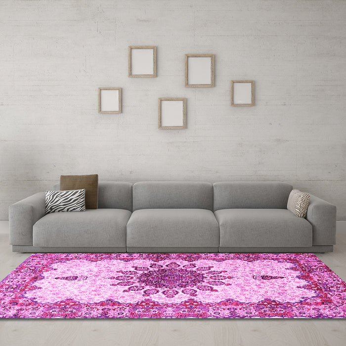 Machine Washable Medallion Pink Traditional Rug in a Living Room, wshtr4631pnk