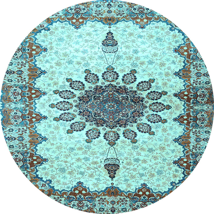 Round Machine Washable Medallion Light Blue Traditional Rug, wshtr4631lblu