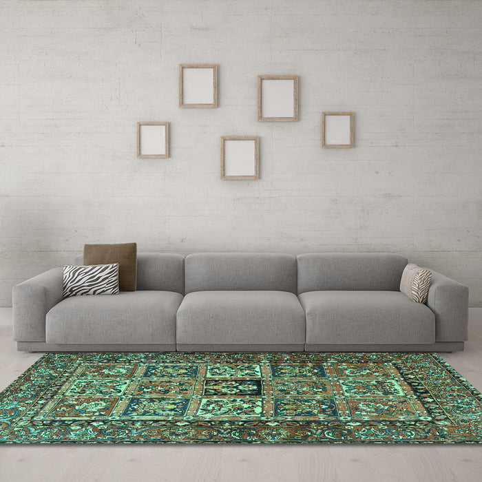 Machine Washable Animal Turquoise Traditional Area Rugs in a Living Room,, wshtr4632turq