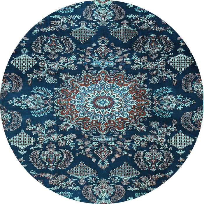 Round Machine Washable Medallion Light Blue Traditional Rug, wshtr4633lblu