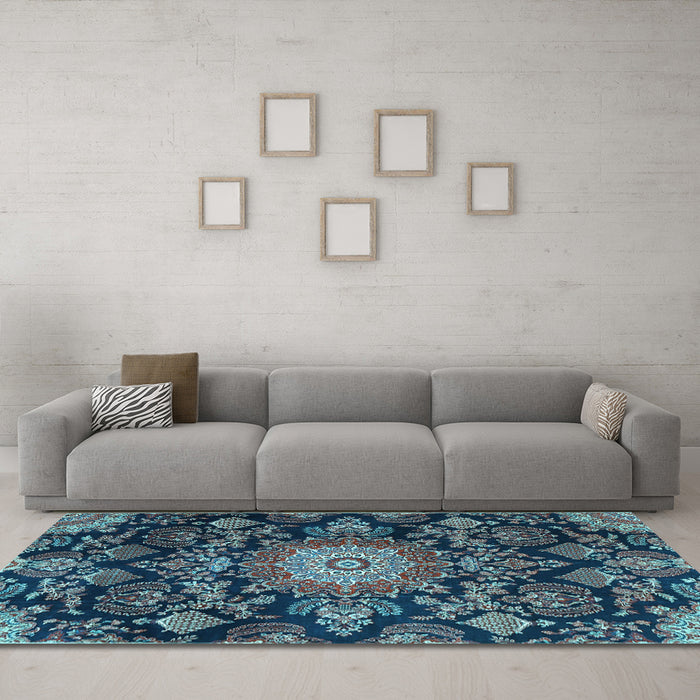 Machine Washable Medallion Light Blue Traditional Rug in a Living Room, wshtr4633lblu