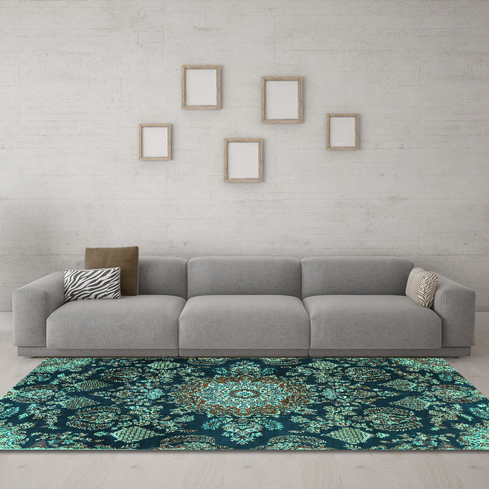Machine Washable Medallion Turquoise Traditional Area Rugs in a Living Room,, wshtr4633turq