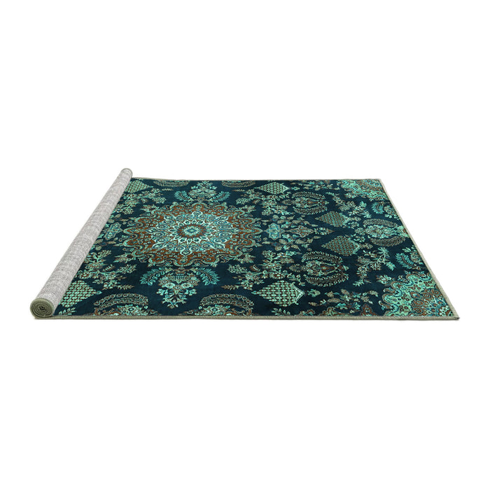 Sideview of Machine Washable Medallion Turquoise Traditional Area Rugs, wshtr4633turq