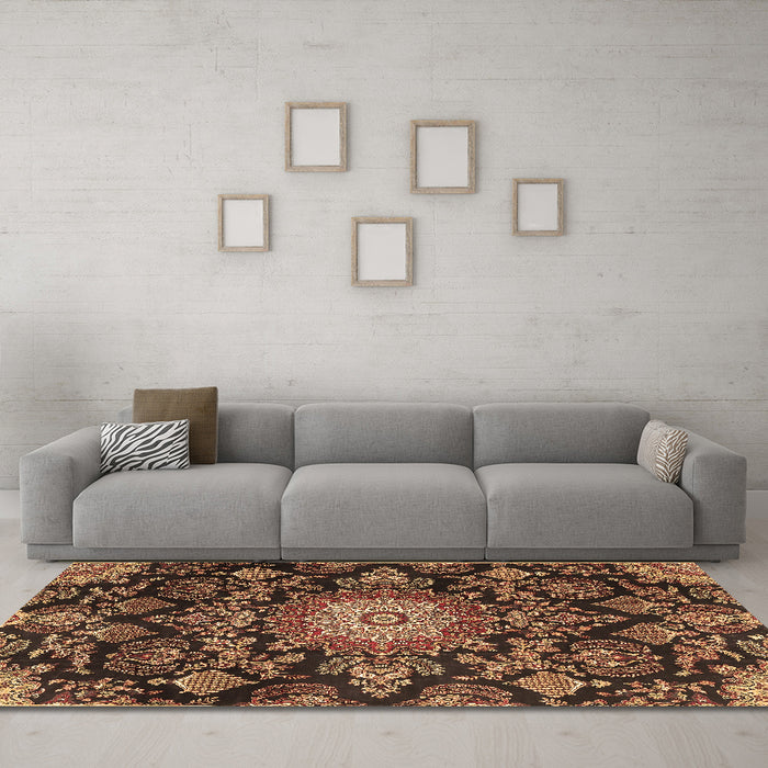 Machine Washable Medallion Brown Traditional Rug in a Living Room,, wshtr4633brn