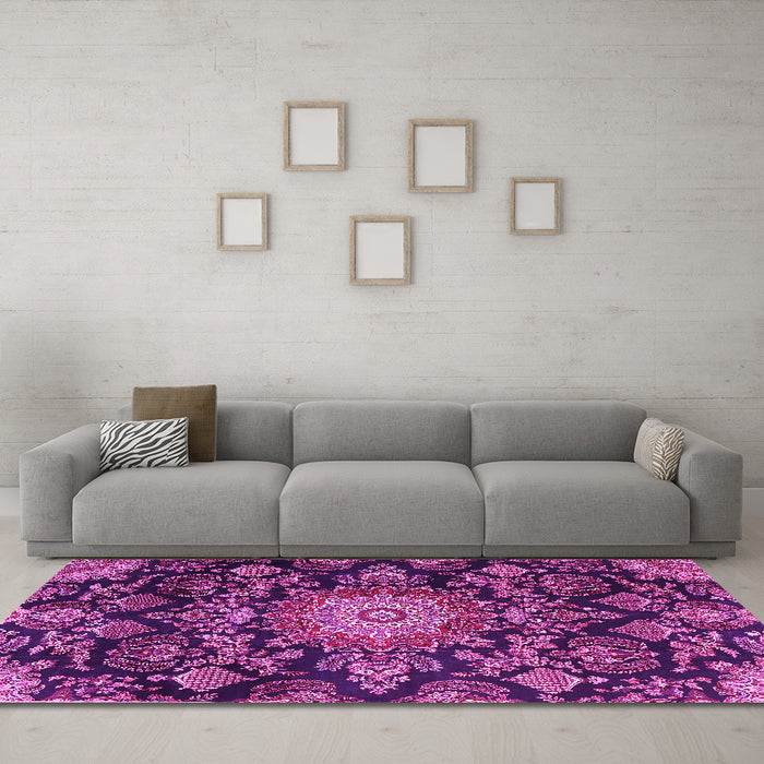 Machine Washable Medallion Pink Traditional Rug in a Living Room, wshtr4633pnk