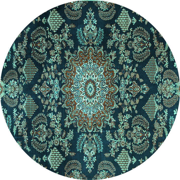 Round Machine Washable Medallion Turquoise Traditional Area Rugs, wshtr4633turq