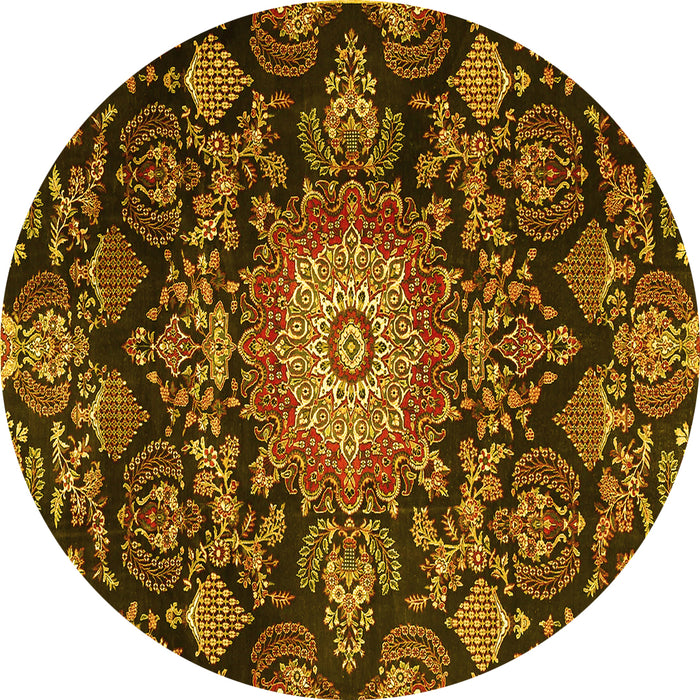 Round Machine Washable Medallion Yellow Traditional Rug, wshtr4633yw