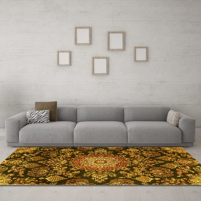 Machine Washable Medallion Yellow Traditional Rug in a Living Room, wshtr4633yw
