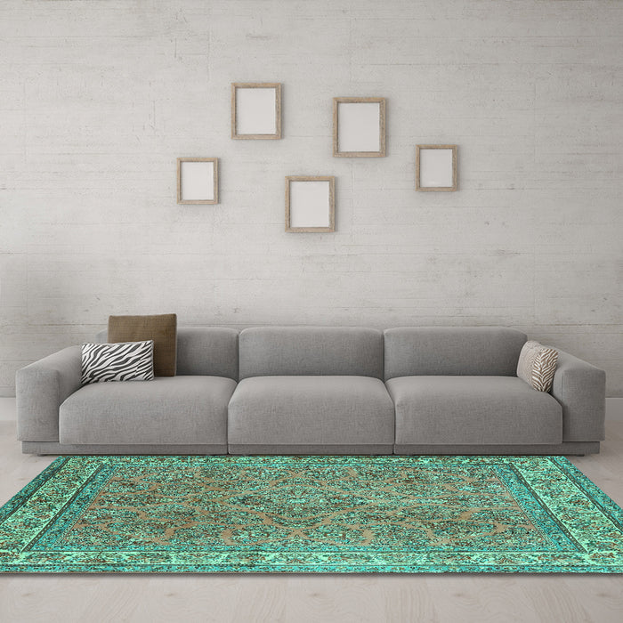 Machine Washable Persian Turquoise Traditional Area Rugs in a Living Room,, wshtr4634turq