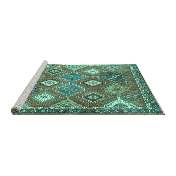 Sideview of Machine Washable Persian Turquoise Traditional Area Rugs, wshtr4635turq