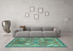 Machine Washable Persian Turquoise Traditional Area Rugs in a Living Room,, wshtr4635turq