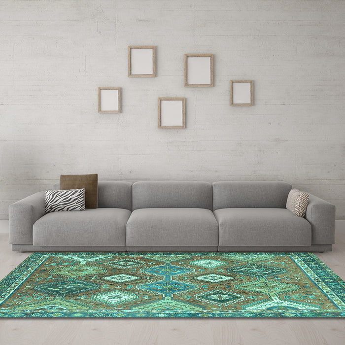 Machine Washable Persian Turquoise Traditional Area Rugs in a Living Room,, wshtr4635turq