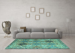 Machine Washable Persian Turquoise Traditional Area Rugs in a Living Room,, wshtr4636turq