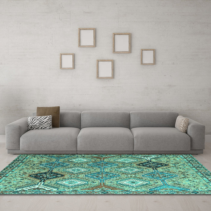 Machine Washable Persian Turquoise Traditional Area Rugs in a Living Room,, wshtr4636turq