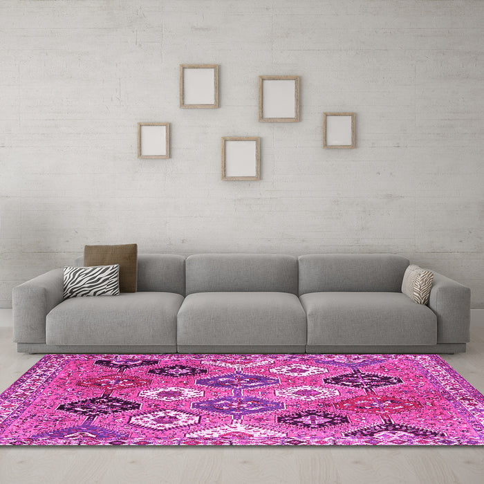Machine Washable Persian Pink Traditional Rug in a Living Room, wshtr4637pnk