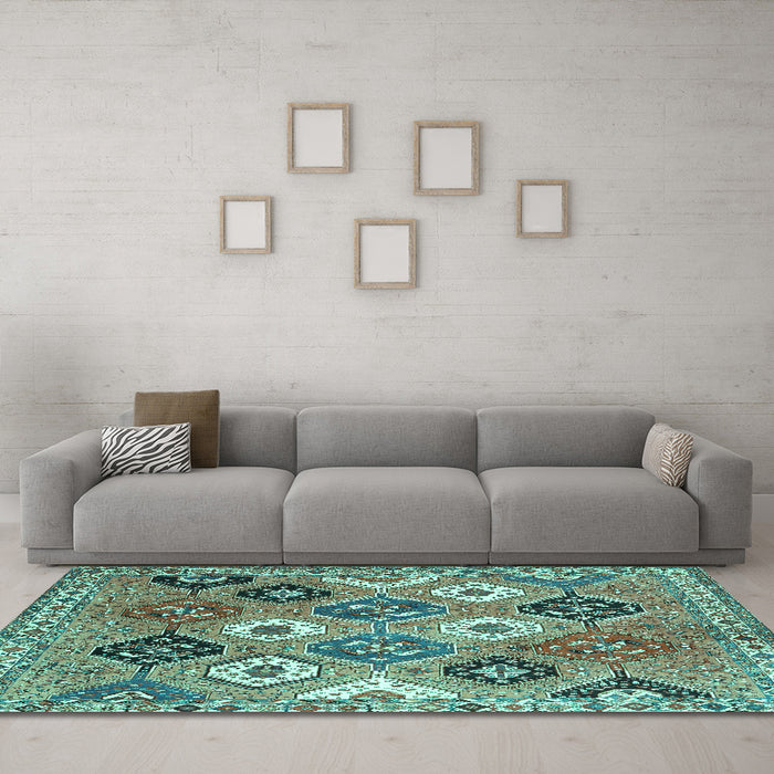 Machine Washable Persian Turquoise Traditional Area Rugs in a Living Room,, wshtr4637turq
