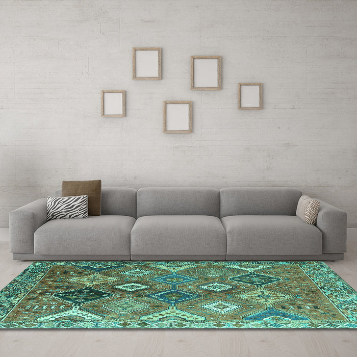 Machine Washable Persian Turquoise Traditional Area Rugs in a Living Room,, wshtr4638turq