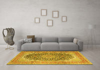 Machine Washable Medallion Yellow Traditional Rug, wshtr4640yw