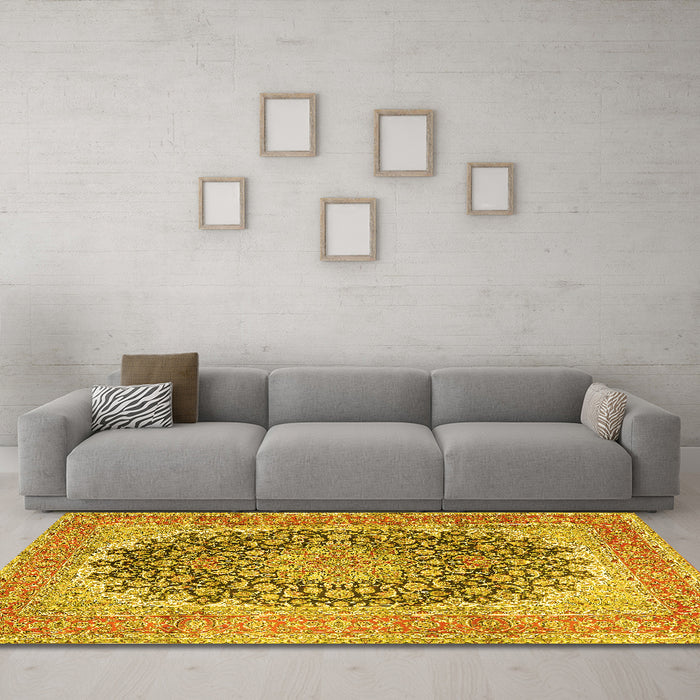 Machine Washable Medallion Yellow Traditional Rug in a Living Room, wshtr4640yw