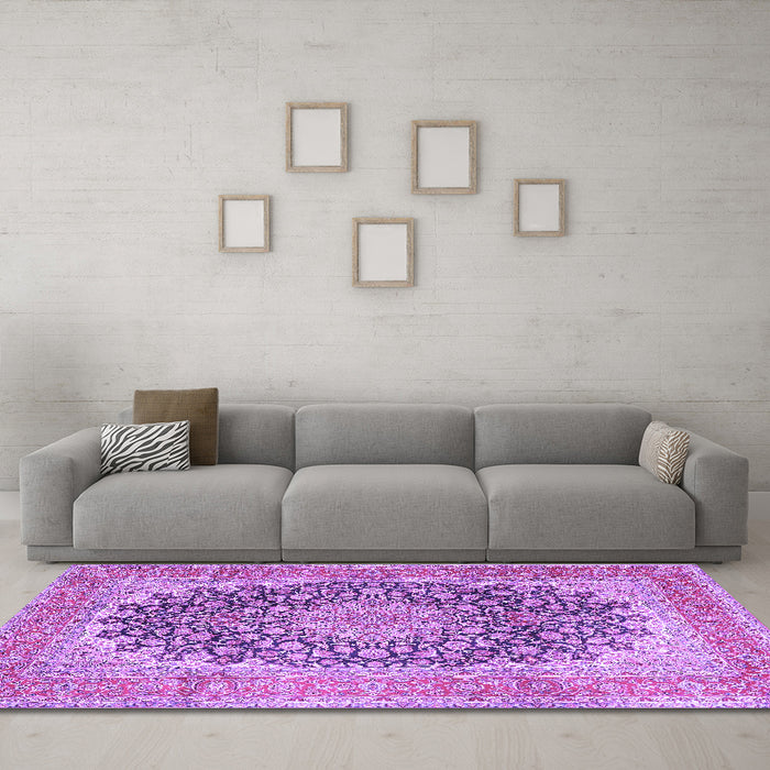 Machine Washable Medallion Purple Traditional Area Rugs in a Living Room, wshtr4640pur