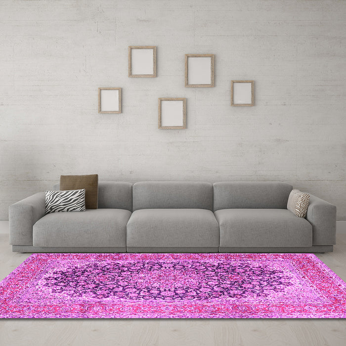 Machine Washable Medallion Pink Traditional Rug in a Living Room, wshtr4640pnk