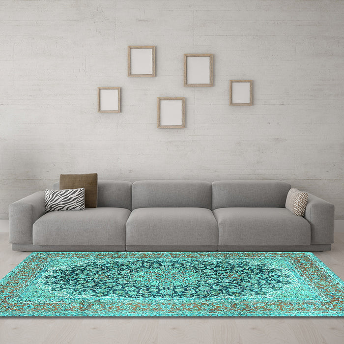 Machine Washable Medallion Turquoise Traditional Area Rugs in a Living Room,, wshtr4640turq