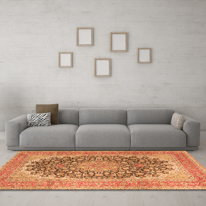 Machine Washable Medallion Orange Traditional Area Rugs in a Living Room, wshtr4640org