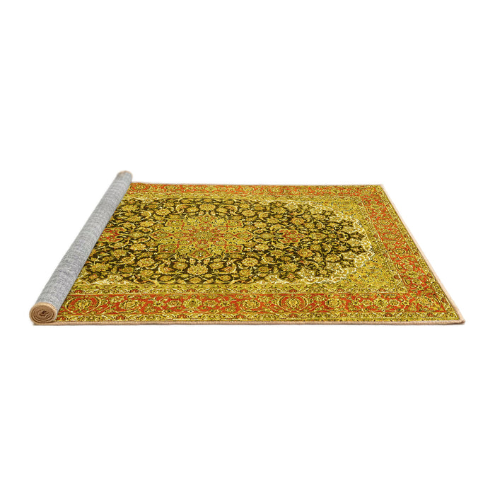 Sideview of Machine Washable Medallion Yellow Traditional Rug, wshtr4640yw