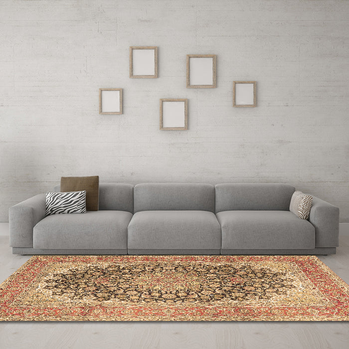 Machine Washable Medallion Brown Traditional Rug in a Living Room,, wshtr4640brn