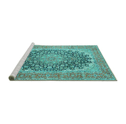 Sideview of Machine Washable Medallion Turquoise Traditional Area Rugs, wshtr4640turq