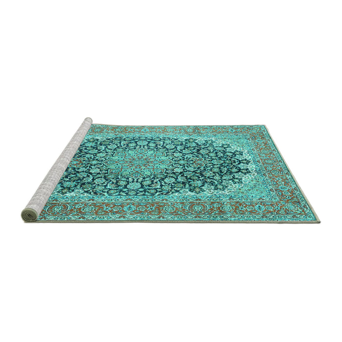 Sideview of Machine Washable Medallion Turquoise Traditional Area Rugs, wshtr4640turq