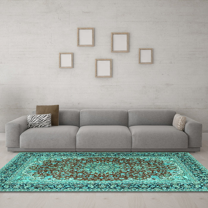 Machine Washable Medallion Turquoise Traditional Area Rugs in a Living Room,, wshtr4641turq