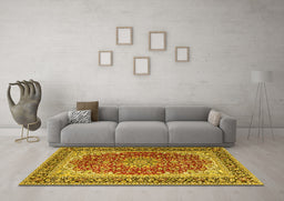 Machine Washable Medallion Yellow Traditional Rug in a Living Room, wshtr4641yw