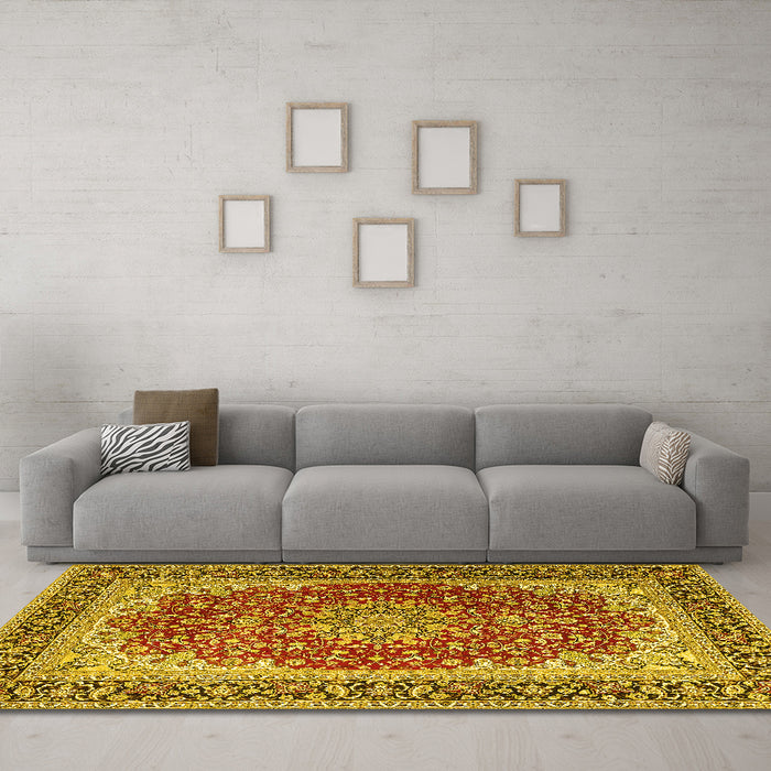 Machine Washable Medallion Yellow Traditional Rug in a Living Room, wshtr4641yw