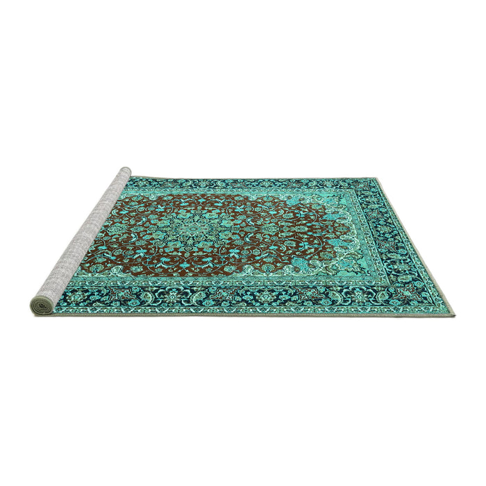 Sideview of Machine Washable Medallion Turquoise Traditional Area Rugs, wshtr4641turq