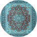 Round Machine Washable Medallion Light Blue Traditional Rug, wshtr4641lblu