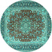 Round Machine Washable Medallion Turquoise Traditional Area Rugs, wshtr4641turq