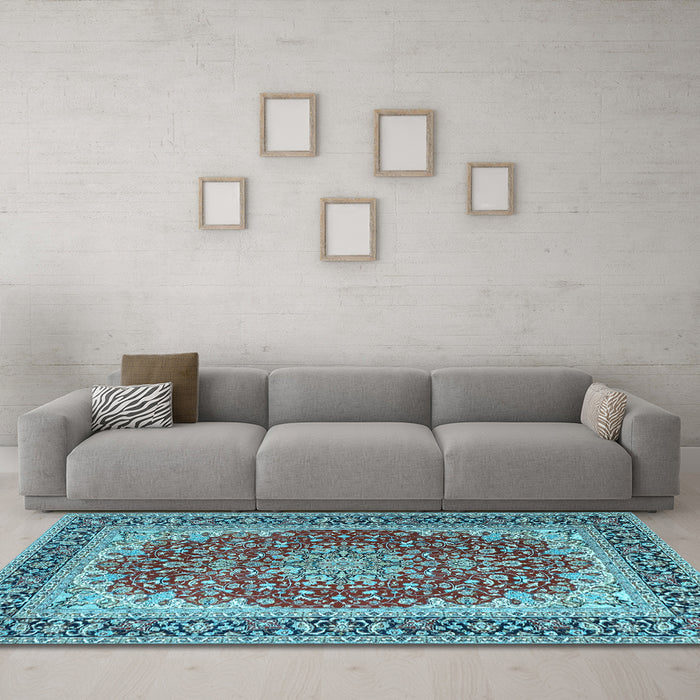 Machine Washable Medallion Light Blue Traditional Rug in a Living Room, wshtr4641lblu