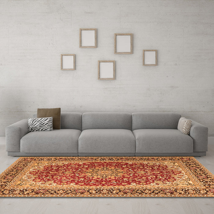 Machine Washable Medallion Orange Traditional Area Rugs in a Living Room, wshtr4641org