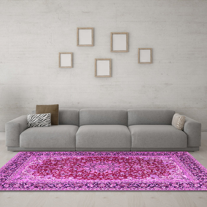 Machine Washable Medallion Pink Traditional Rug in a Living Room, wshtr4641pnk
